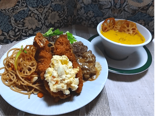 和風の大人様ランチのレシピ!!エビフライ/ハンバーグ/ポタージュ/サラダ/パスタ
