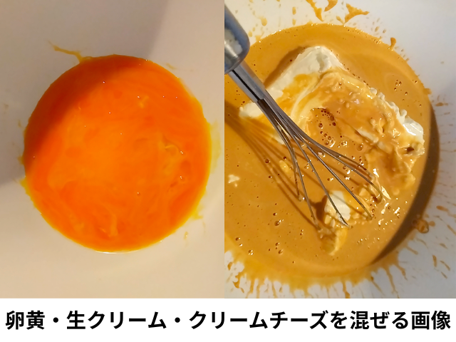 卵黄・生クリーム・クリームチーズを混ぜる画像